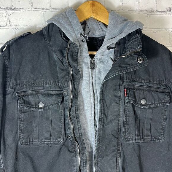 Levi's Size L Men's Military Trucker Sherpa Lined Removable Hood Black Jacket - Picture 2 of 12